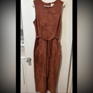 Anthropologie FAUX SUEDE Stretch Tie Belt Longline Dress Long Brown Size L
